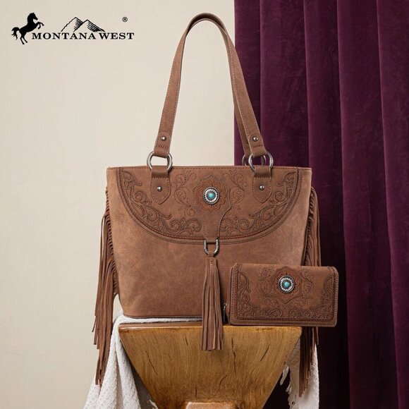 Montana West Embroidered Concealed Carry Tote with Wallet Set - Picture 12 of 13